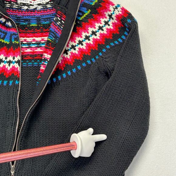 Vtg Tommy Hilfiger Womens M Fair Isle Sweater Cardigan Black Full Zip Cotton Bln - Picture 10 of 16